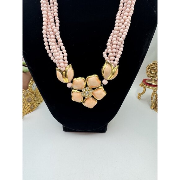 Vintage VB Pink Beaded Statement Necklace Gold Tone Enamel Flower Signed Rare - Picture 4 of 9